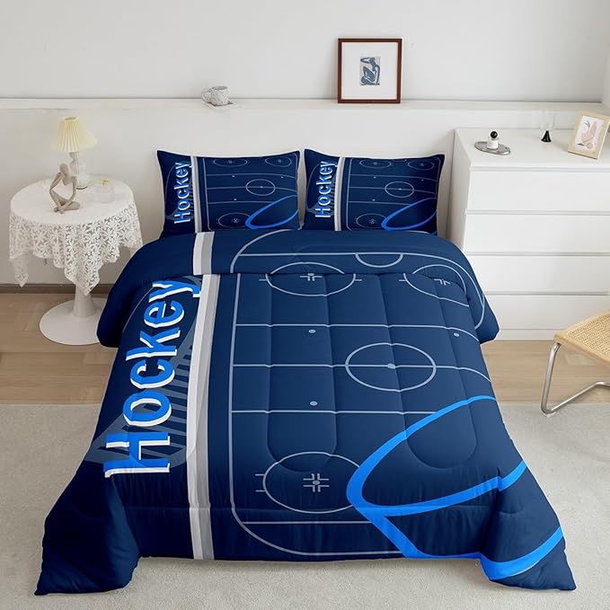 Feelyou Kids Ice Hockey Comforter Set Queen Size Ice Sports Games Bedding Set for Boys Girls Teens Bedroom Decor Hockey Player Comforter Puck Hockey Duvet Set with 2 Pillow Case