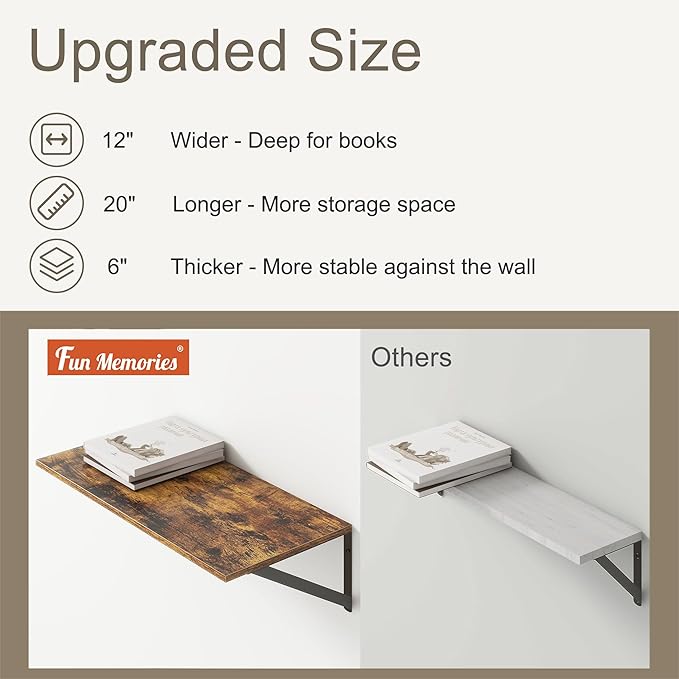 Fun Memories 20 Inch Floating Shelves, Deep Wall Shelves for Kitchen, 20 x 12 Floating Shelf for Living Room, Bedroom, Farmhouse Floating Shelves for Home Decor Storage, Rustic Brown, Set of 2