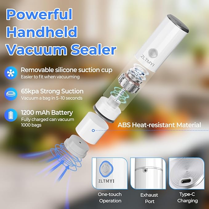 Handheld Vacuum Sealer for Food, Compact Portable Food Saver Pump with 30 BPA‑Free Reusable Vacuum Bags Type-C Rechargeable, Ideal for Sous Vide, Meal Prep, Leftovers & Freezer Storage