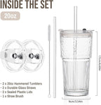 SoulTimes 20oz Wave Ribbed Glass Tumbler with Lid and Straw – Iced Coffee Glasses Cups for Smoothie, Matcha, Juice, Water etc. Leakproof and Reusable Glassware Drinking for Daily & Travel To Go [2Pcs]