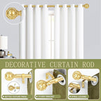 Gold Adjustable Curtain Rods for Windows:18-45 Inch Farmhouse Heavy Duty Curtain Rod for Bedroom Living Room,Boho Decorative Rustic Drapery Rods with Vintage Coastal Texture Finial,Brass Gold