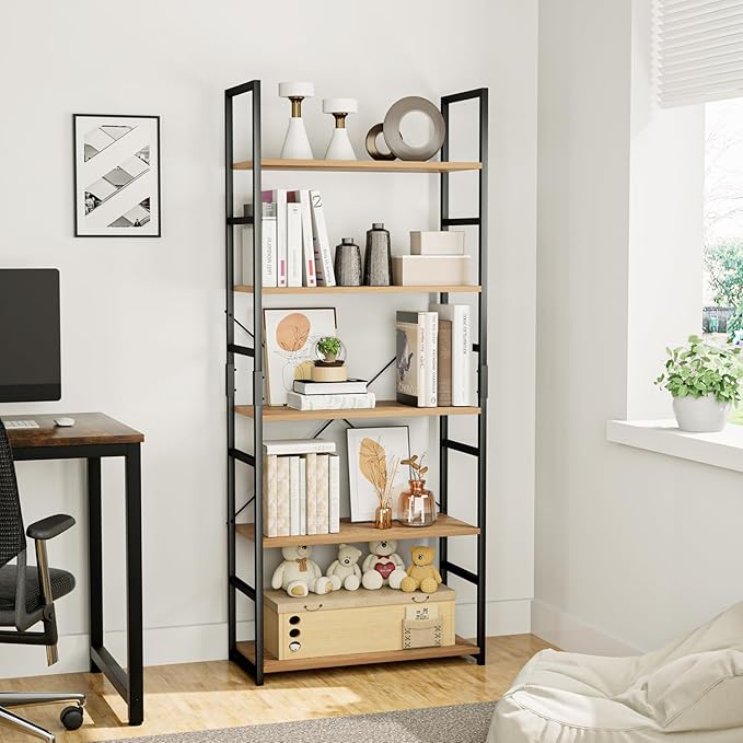OTK 5 Tier Bookshelf, Tall Bookcase, Office Shelf Storage Organizer, Modern Book Shelf for Living Room, Bedroom, and Home Office, Natural