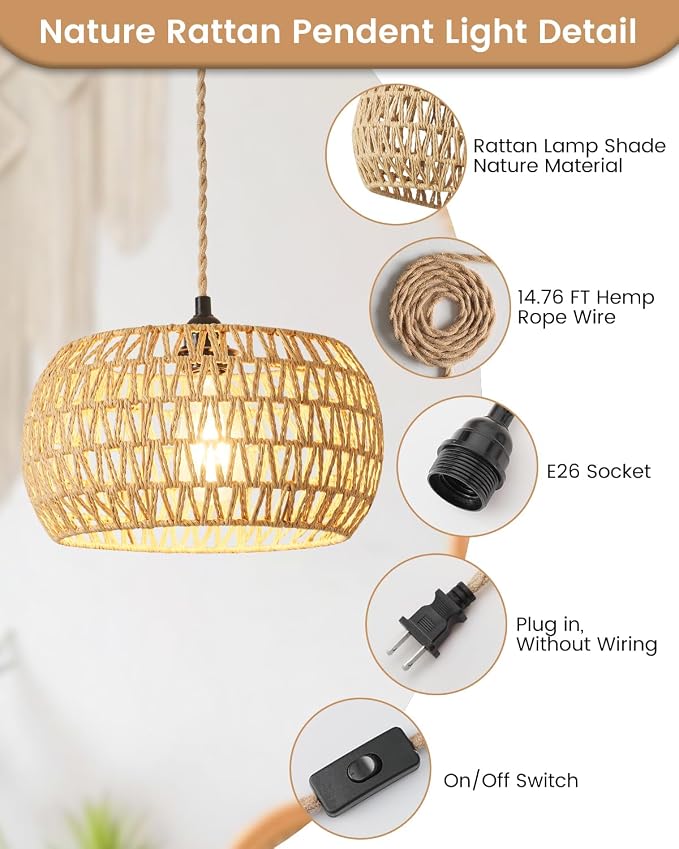 Rattan Boho Hanging Light,12.6'' Natural Hand Woven Fabric Drum Light,Plug Into Wall Outlet Pendant Light Fixture On/Off Switch for Dining,Living Room,Bedroom,Kitchen,Hallway Entryway, Without Bulb