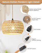 Rattan Boho Hanging Light,12.6'' Natural Hand Woven Fabric Drum Light,Plug Into Wall Outlet Pendant Light Fixture On/Off Switch for Dining,Living Room,Bedroom,Kitchen,Hallway Entryway, Without Bulb