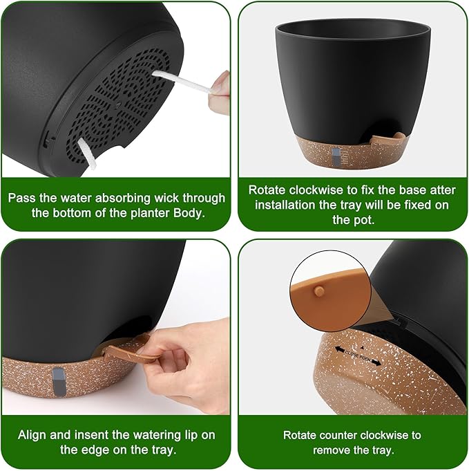 Self-Watering Plant Pots with Water Level Indicator, Drainage Holes & Saucers – 12/10/9 Inch Large Plastic Planter Set for Indoor & Outdoor Plants(Black)
