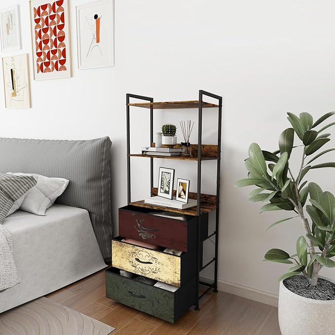 Vertical Bookshelf with 3 Drawers, Narrow Bookcase with Shelves, Wood Storage Organizer Cabinet, Metal Frame Display Standing Shelf Unit for Bedroom, Kitchen, Office