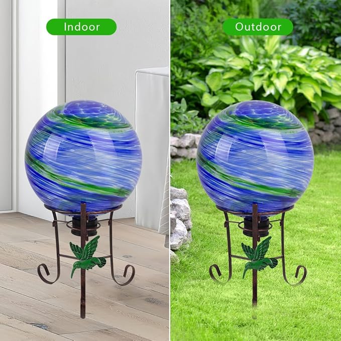 10" Diameter Gazing Ball with 8.5" Hummingbird Metal Stand Outdoor Garden Decor,Glass Globe Sphere Yard Art Decorations Outdoor,Glass Gazing Balls for Garden,Home,Lawn,Patio,Porch(Blue)