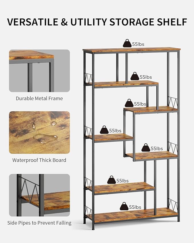 Gizoon 71” Industrial Bookshelves for Storage, Tall Display Etagere 8-Shelves for Bedroom, Metal Frame Staggered Bookcases for Bedroom, Living Room, Home Office, Retro