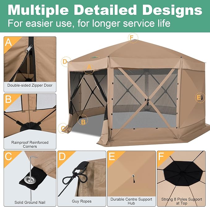 COBIZI 15x15ft Extra Large Pop Up Gazebo Canopy Tent with Mosquito Netting, Spacious Easy Set-Up Screened Shelter, Durable Outdoor Pavilion with Ground Stakes, Perfect for Patio, Backyard, Khaki