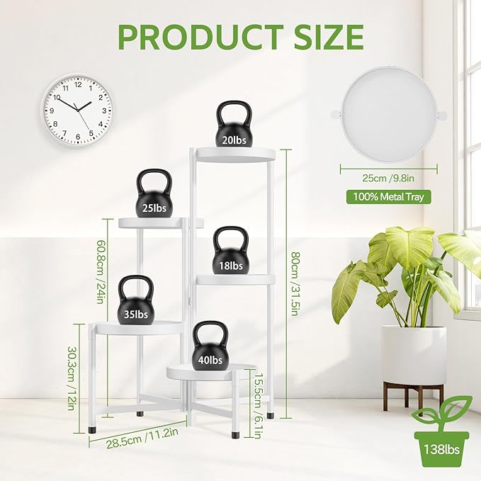 iDavosic.ly 5 Tier Large Plant Stand Indoor with 10 Inch Wide Tray, Tiered Corner Metal Outdoor Flower Display Holder Shelf, Folding Tall Rack for Patio Porch Living Room, White