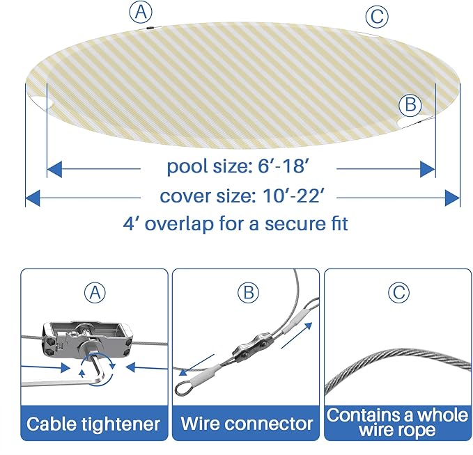 ECOOPTS 15 ft Round Pool Cover for Above Ground Pools, Swimming Pool Cover Protector Winter Safety Cover (Beige White Stripes)