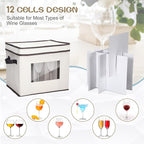 Uiifan 4 Pcs Champagne Flute Storage Box with Dividers 12 Compartment Stemware Storage Cases China Container Box with Lid, Handles, PVC Window for Moving, Beige