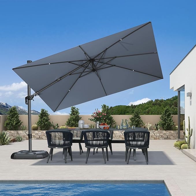 PURPLE LEAF 11' X 8' Left-right Tilting Patio Umbrella Outdoor Cantilever Swivel Rectangle Umbrella with Tilt Aluminum Offset Umbrella with 360-degree Rotation for Garden Deck Pool Patio Light Grey