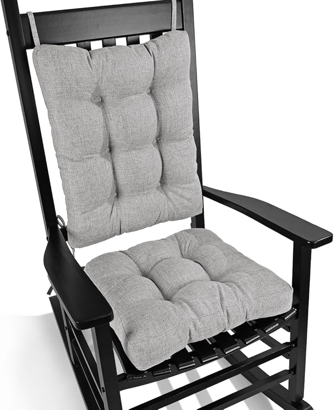 BUYUE Chair Cushion Set for Rocking Chair, Back Pillow & Seat Cushion with Ties, Original Woven Fabric Non-Slip Chair Pads for Elderly Sitting, Light Gray