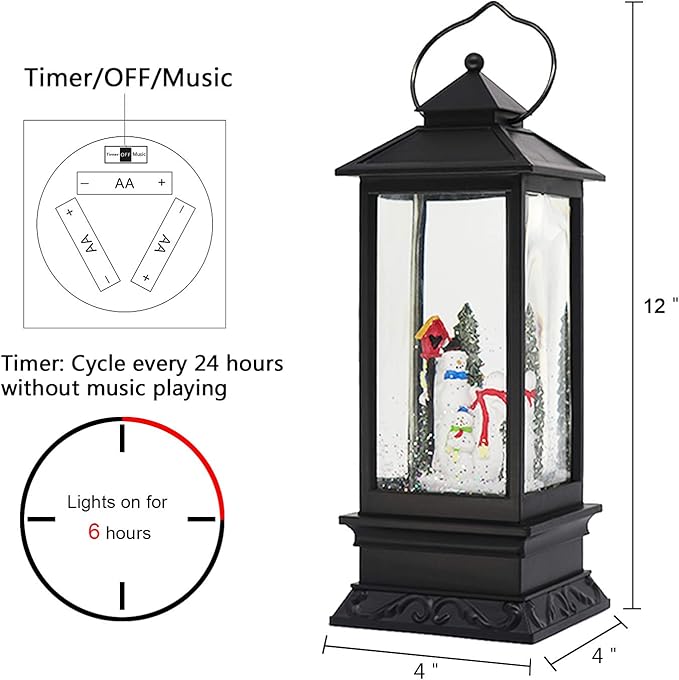 Eldnacele Christmas Snow Globe Lantern with Music, Battery Operated Lighted Swirling Glitter Water Lantern with Timer for Christmas Home Decoration, Snowman
