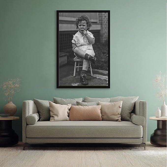 Little Boy Smoking A Cigar, Black And White , Vintage Photo, Oddities, Funny Poster Canvas Poster Wall Art Decor Print Picture Paintings for Living Room Bedroom Decoration Black Frame 12x18in(30x45cm)