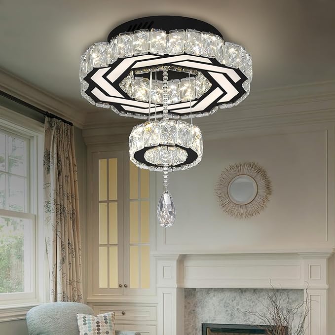 Flashing God Small Crystal Chandeliers Dia 12" Black Chandelier Flush Mount Ceiling Light for Bedroom Living Room Dining Room Hallway Dimmable 3 Rings LED Celing Lighting Fixtures