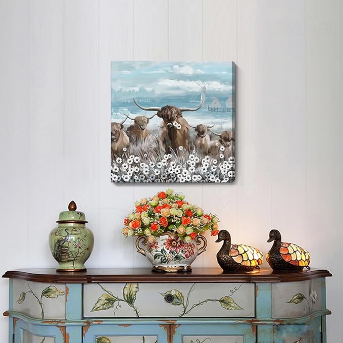 Canvas Wall Art Bathroom Coastal Boho Farmhouse Highland Cow Flower Picture Floral Artwork Rustic Country Landscape Longhorn Animal Painting for Living Room Bedroom Kitchen Décor Blue Brown Small