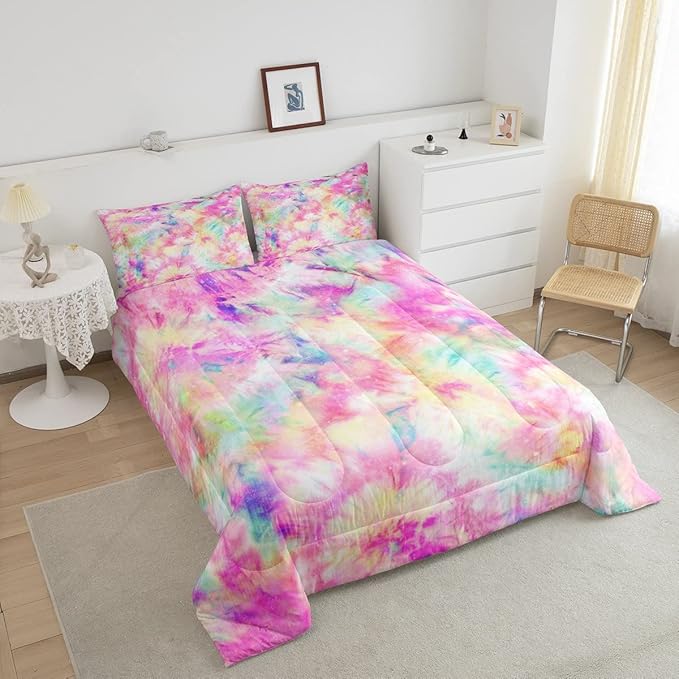 Erosebridal Kids Tie Dye Comforter Set, Bohemian Batik Down Comforter Full Size, Boho Psychedelic Bedding Comforters for Children Girls Boys Teens Bedroom, Trippy Tattoo Watercolor Quilted Duvet