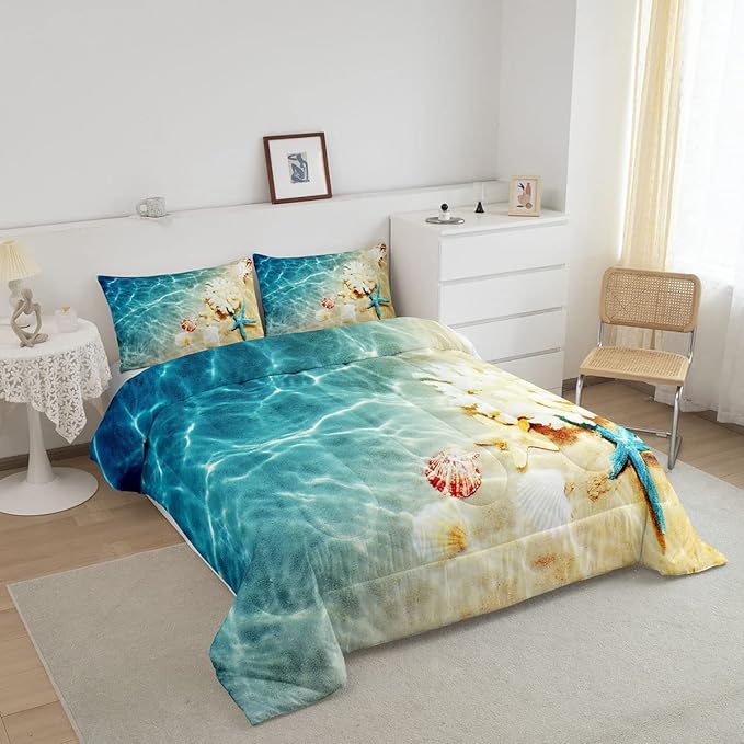 Ocean Comforter Set Queen Beach Bedding Coastal Nature Theme Pattern Teal Duvet Set Boys Girls Hawaiian Quilt Sets Sea Wave Animals Starfish Reversible Comforter Set 2 Pillowcases, Blue Room Decor