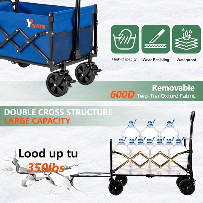 Collapsible Folding Wagon Cart with Tailgate - 300lbs Heavy Duty Foldable Utility Wagon and Brake Wheels - 100L Lightweight Grocery Wagons for Shopping Camping Sports Garden, Blue