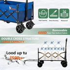Collapsible Folding Wagon Cart with Tailgate - 300lbs Heavy Duty Foldable Utility Wagon and Brake Wheels - 100L Lightweight Grocery Wagons for Shopping Camping Sports Garden, Blue