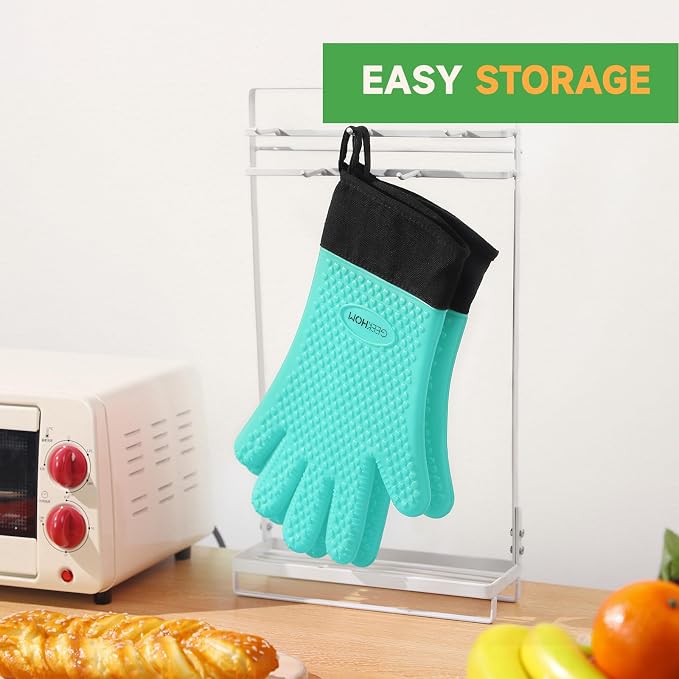 GEEKHOM BBQ Gloves Heat Resistant Oven Mitts - Silicone Grilling Gloves with 13.7" Arm Protection - Waterproof Pot Holder Non-Slip for Men & Women, Kitchen Outdoor Cooking, Baking, Camping, Turquoise