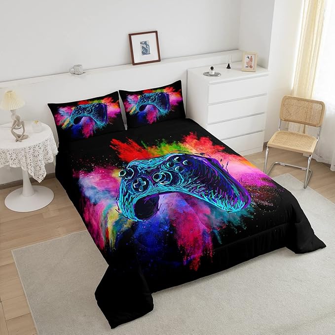Erosebridal Boys Gaming Bed Comforter Set Queen Size,Kids Gamer Bedding Sets Girls,Colorful Tie Dye Video Game Quilt Comforter Navy Blue Gamepad Lightweight Bedding Set 1 Comforter with 2 Pillowcases