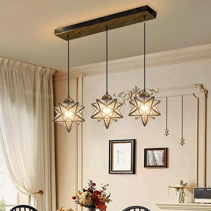 Glam Chandelier 3 Lights Glass Star Pendant Lights for Dining Table Kitchen Island Modern Ceiling Hanging Lights Included LED Warm Light Bulbs Oiled Bronze
