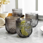 16 Piece Smoke Glassware Set, Beautiful Art Deco Black Drinking Glasses, Ribbed U-Shape Design, 8 Highball 17oz and 8 Whiskey 11oz DOF Handwash Only