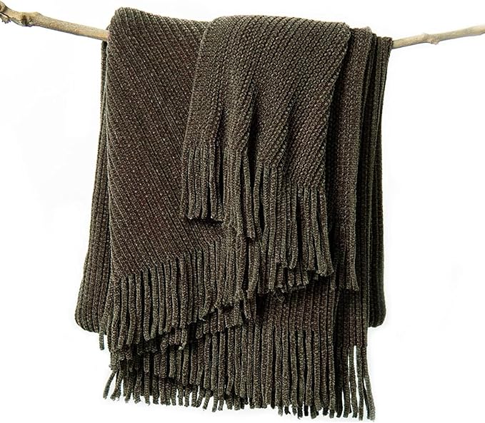 lifein Throw Blanket for Couch, Soft Boho Decor Bed Throw,Cozy Brown Knitted Chenille Small Farmhouse Lightweight Throw for Spring(Brown,50 * 60")