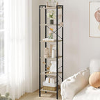 Bookshelf, Book Shelf, Industrial Bookcase with 2 Hooks, Coner Shelf Storage Organizer for Home Office, Living Room, Bedroom, Kitchen, 6-Tier Greige BC10705B
