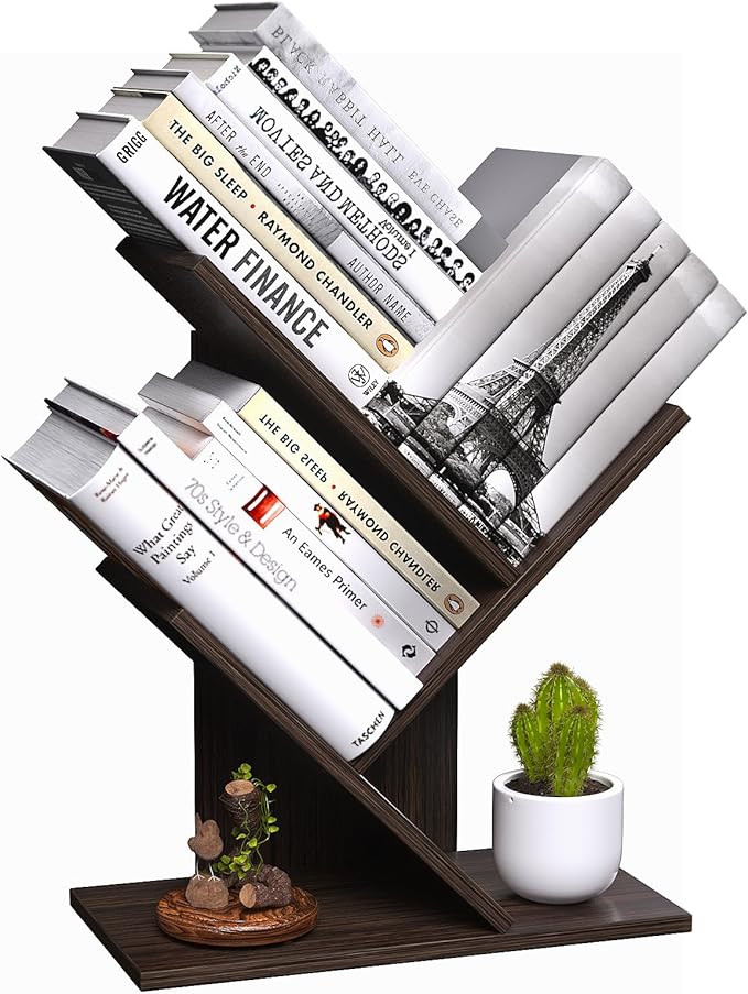 3 Tier Small Tree Bookshelf Desk Book Organizer Narrow Bookcases for Books Magazines CDs Free Standing Retro Wooden Storage Shelves for Home Office Bedroom Living Room Dark Walnut