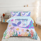 HOSIMA Mermaid Tail Comforter Set for Kids Girls Teens Bedroom Decor,Cartoon Scallop Sea Turtle Sea Horses Octopus Kawaii Bedding Set Mermaid Fish Scale Comforter,Ocean Full Size Bed in a Bag Set.