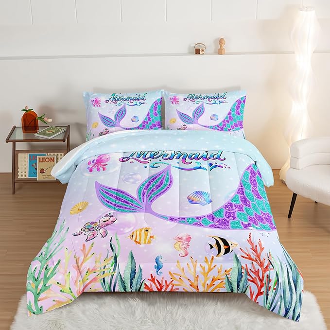 HOSIMA Mermaid Tail Comforter Set for Kids Girls Teens Bedroom Decor,Cartoon Scallop Sea Turtle Sea Horses Octopus Kawaii Bedding Set Mermaid Fish Scale Comforter,Ocean Full Size Bed in a Bag Set.