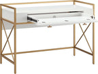 Leick Home Claudette Mixed Metal and Wood Flat Wall Computer Office Writing Desk with Drop Front Keyboard Drawer, White/Satin Gold, 32.13" W