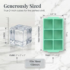 KitchFort® Large Silicone Ice Cube Tray (2-Pack), Easy Release 2" Big Ice Cubes - Cocktail, Whiskey Ice Cubes Mold - Ice Trays for Freezer with Lid - Stackable Silicone Ice Tray - Green