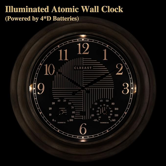 CLXEAST 24 Inch Self-Illuminated in/Outdoor Atomic Wall Clock with Temperature and Humidity, Oversized Large 24 Inch Wall Clocks for Living Room Decor, Brushed Grey Oak Wooden Finish