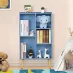 YAHARBO 5 Cube Bookshelf, Blue Kids Book Shelf with Cubby Storage,Wooden Modern Bookcase with Legs,3 Tier Freestanding Display Book Case,Children Toy Organizer,Bookshelves for Office,Nursery,Playroom