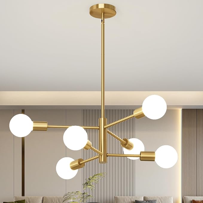 Sputnik Chandeliers Moderna Light Fixture, 6 Lights Gold Mid Century Ceiling Chandelier, Height Adjustable for Living Room, Kitchen, Dining Room, Bedroom,Foyer