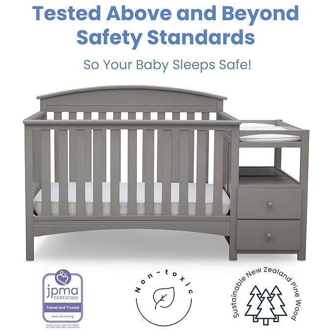 Delta Children Abby Convertible Crib 'N' Changer, Grey + Serta Perfect Slumber Dual Sided Recycled Fiber Core Crib and Toddler Mattress (Bundle)