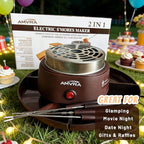 AMVRA Indoor Electric S'Mores Maker Smores Kit with 4 Stainless Steel Marshmallow Roasting Sticks and 4 Trays for Graham Crackers, Chocolate, and Marshmallows - Movie Night Supplies - Brown