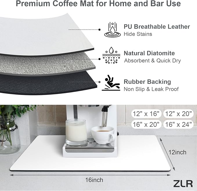 ZLR Coffee Bar Mat for Keurig & Nespresso, 12"x16" Small, Milk White | Absorbent Dish Drying Mat, Stain-Hiding PU Leather Top, Non-Slip Rubber Back, Heat-Resistant, Fits Frother & Pour-Over