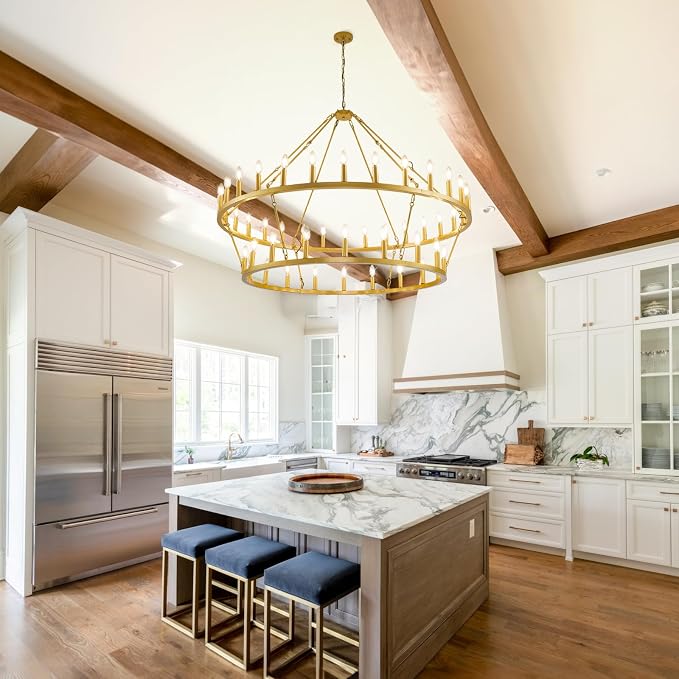 55 Inch Gold Wagon Wheel Chandelier,2 Tier 48-Lights Farmhouse Chandelier for Living Room,Round Rustic Dining Room Light Fixture,Extra Large Foyer Chandeliers for High Ceilings,for Staircase,Entryway