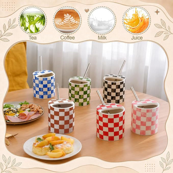 6 Pack Checkered Ceramic Coffee Mug with Sip Hole 10 oz Espresso Cup with Straws Retro Hand Painted Checkered Porcelain Coffee Tea Cup Cappuccino Latte Mug for Kitchen Dining Travel