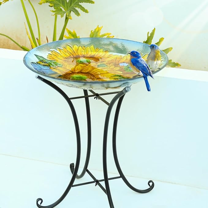 MUMTOP Outdoor Glass Birdbath with Metal Stand for Outside Lawn Yard Garden Sunflower Decor,18” Dia/21.65 Height