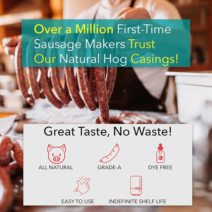 The Sausage Maker® Natural Hog Sausage Casings 32-38mm, Edible Casing For Sausage Making, Stuff Over 25 Lbs Meat, Breakfast, Italian, Polish, Bratwurst, Hot Dog, Pork Links, 1.2-1.5" Dia, Home Pack-1