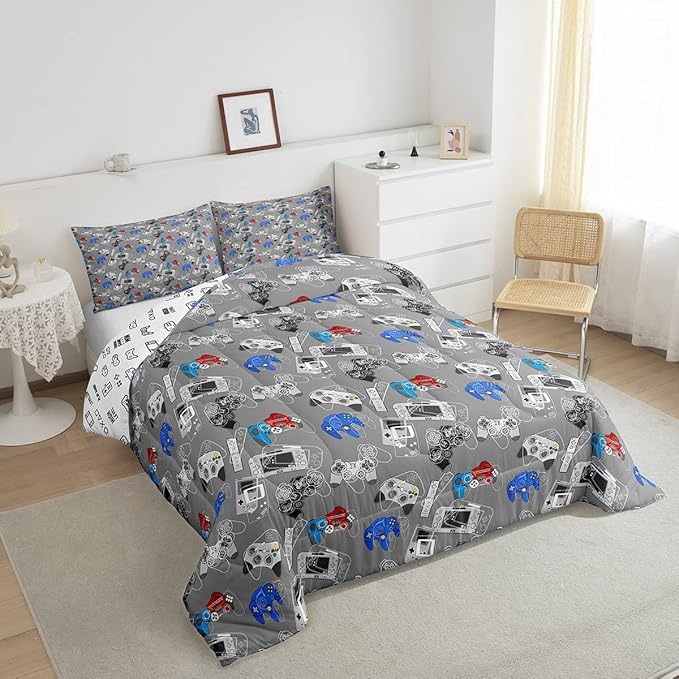 Gaming Bedding Comforters Gamer Comforter Set for Boys Kids Cartoon Gamepad Bedding Duvet Video Games Controller Home Decoration for All Season,1 Comforter Set + 2 Pillowcases, Full Size (Grey, White)