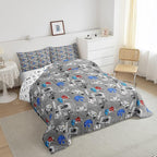 Gaming Bedding Comforters Gamer Comforter Set for Boys Kids Cartoon Gamepad Bedding Duvet Video Games Controller Home Decoration for All Season,1 Comforter Set + 2 Pillowcases, Full Size (Grey, White)