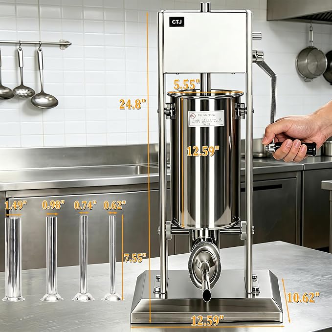 CTJ Sausage Stuffers Stainless Steel Sausage & Churro Maker 5L/11Lb | Manual 2 in 1 Sausage Stuffer & Churro Maker, 2-Speed Adjustable Vertical Sausage Maker, 4 Stuffing Tubes & Churros Nozzle